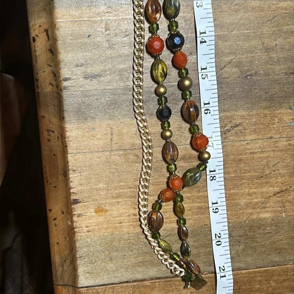 Western Germany Vintage Green Orange Gold Three Strand Necklace